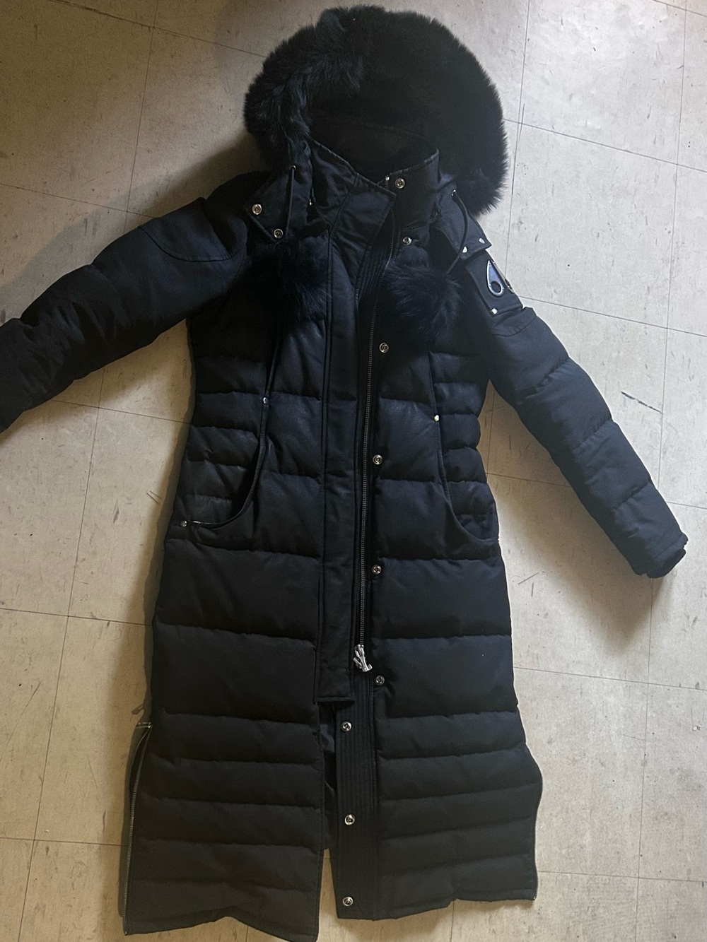 Moose Knuckles Women's Black Long Down Puffer Coat with Fur-Trim Hood